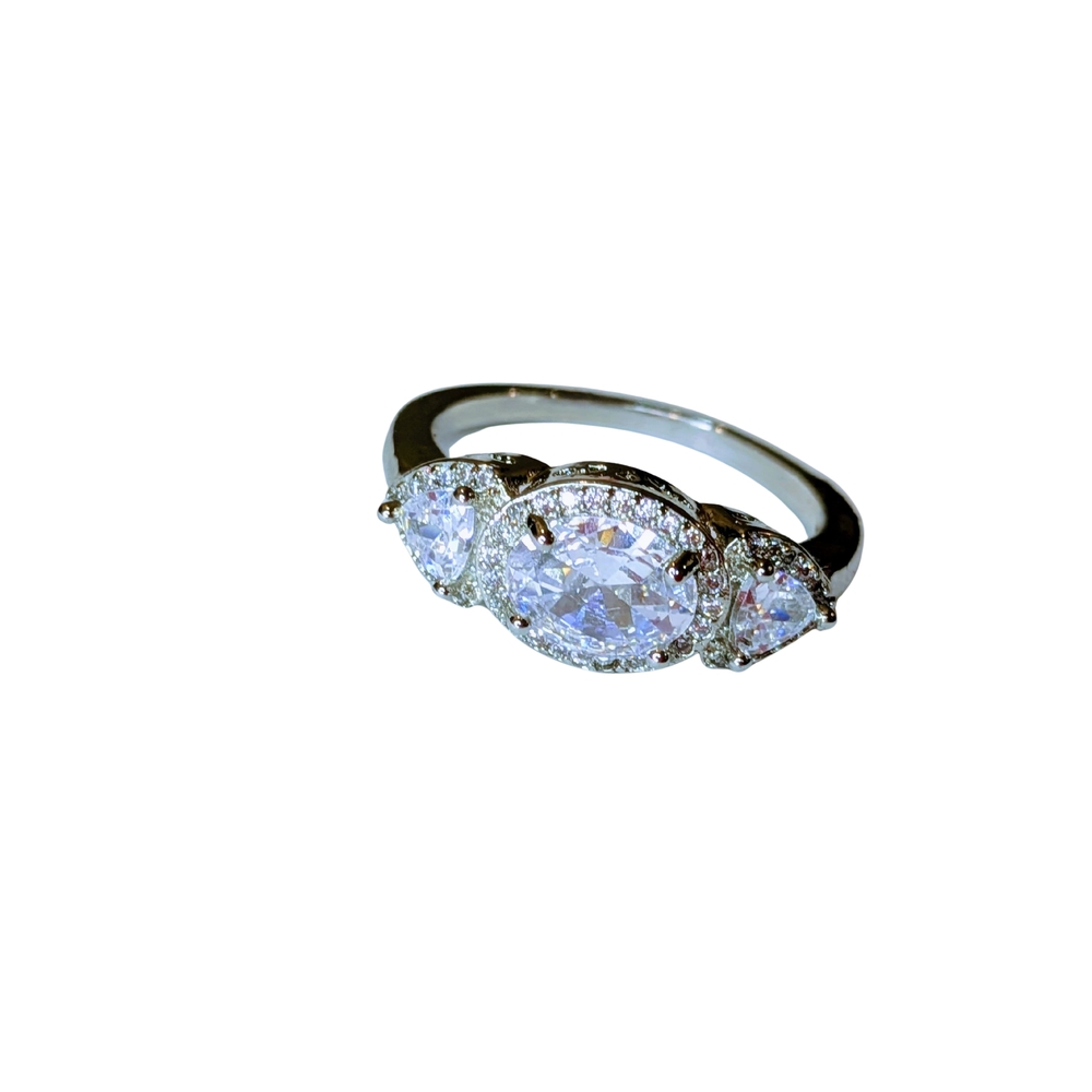 Cubic Zirconia Oval with Tanzanite CZ Accents 3 Stone Ring in Silver Plate